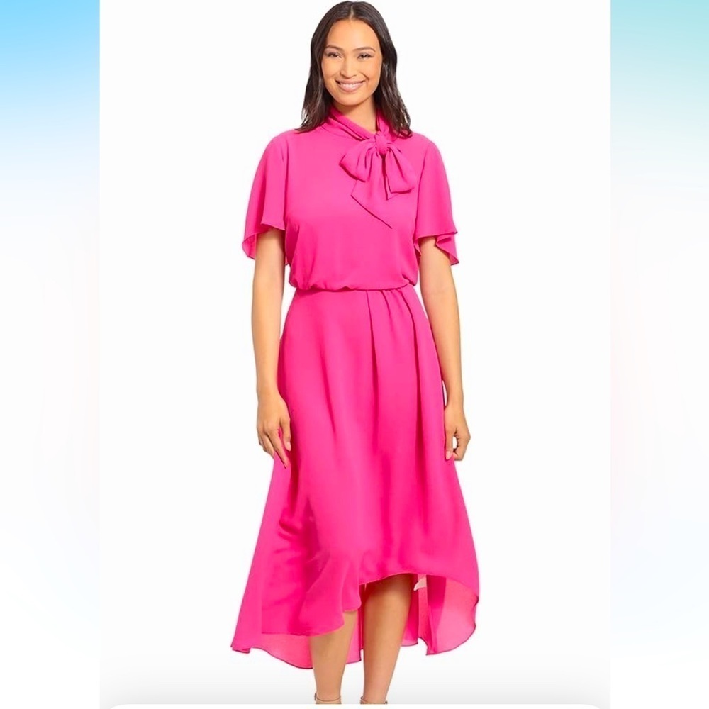 NWT London Times Women's Flutter Sleeve Tie Neck Blouson High Low Midi Dress